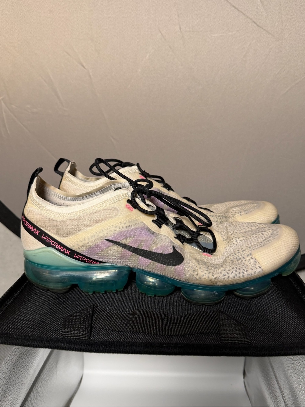 Nike Flyknit VaporMax Sneakers in Cream with Teal & Black Accents